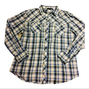 Western hillbilly blue plaid button up shirt pearl buttons double chest pockets